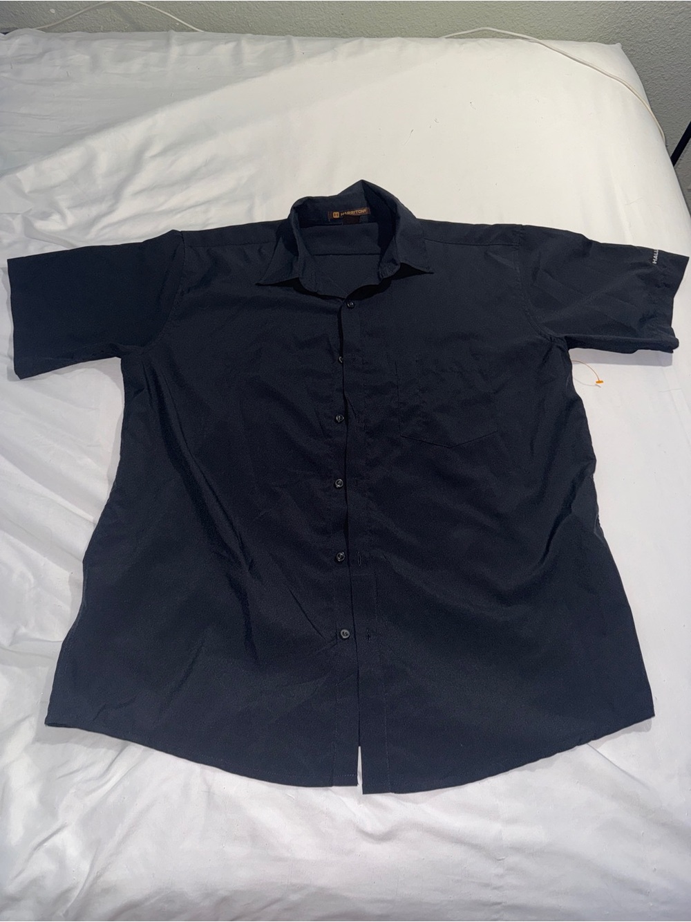 Harriton Black Short Sleeve Button Up Work Shirt Size L Large 100% Polyester